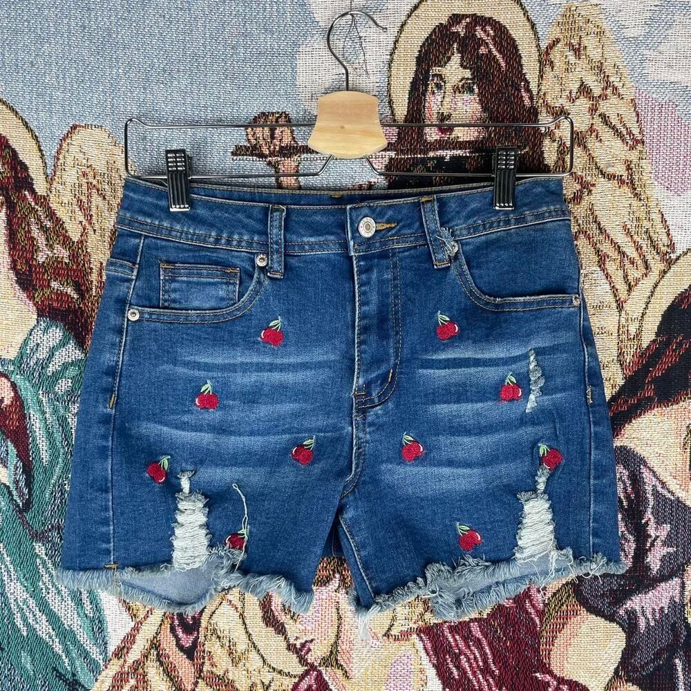 Women’s Jean Shorts Size 6 (24” in waist) Embroidered Cherries Distressed